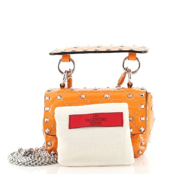 Valentino Garavani Rockstud Spike Flap Bag Quilted Patent Micro Orange - Picture 2 of 7
